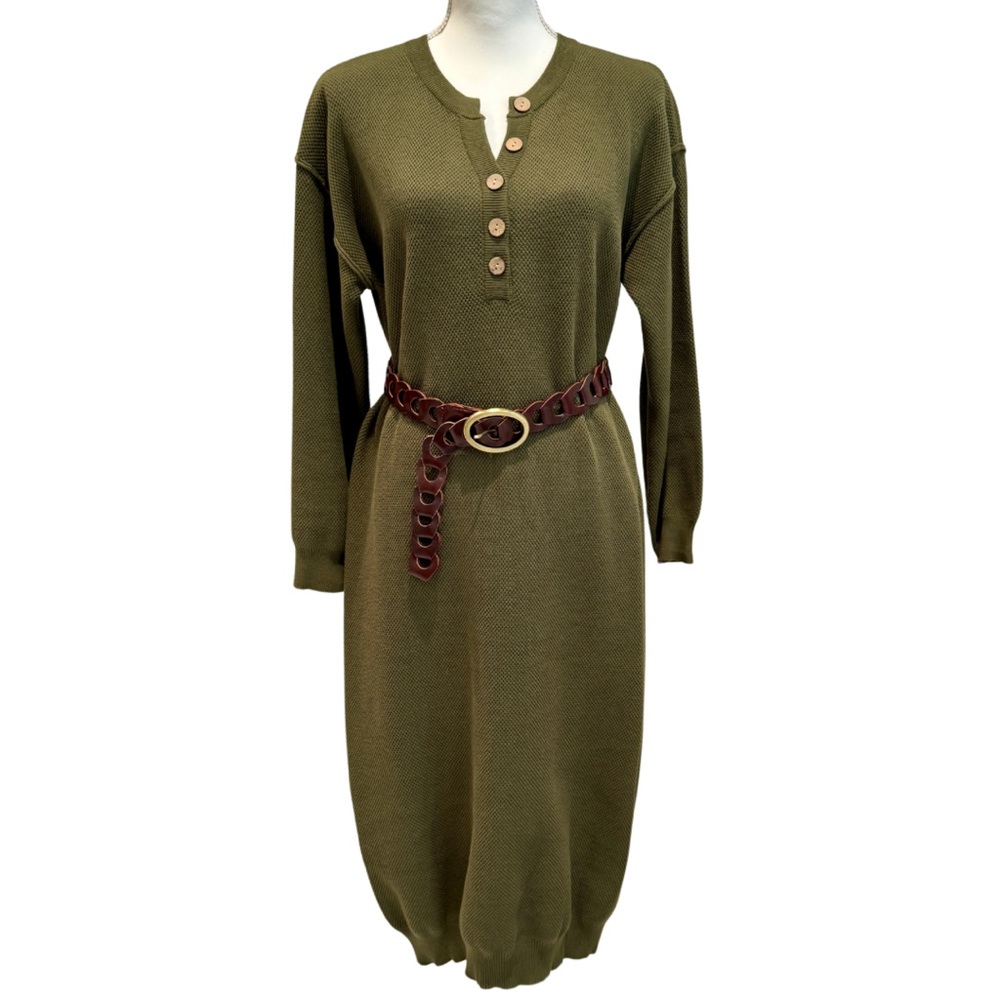 NWOT Long Knit Sweater Dress- Army Green | Button V-Neck + Long Sleeves (M)